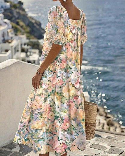 Robe Imprimée Col Carré Manche Bouffante