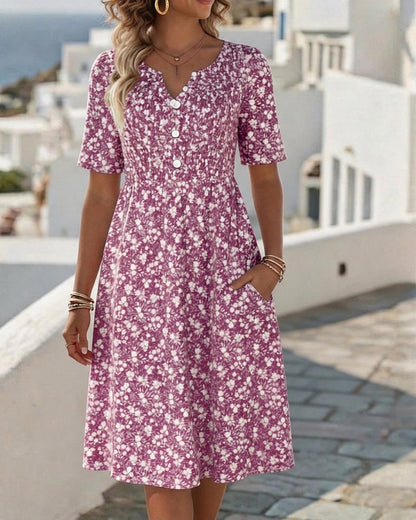 Robe Col V Manches Courtes Fleurie