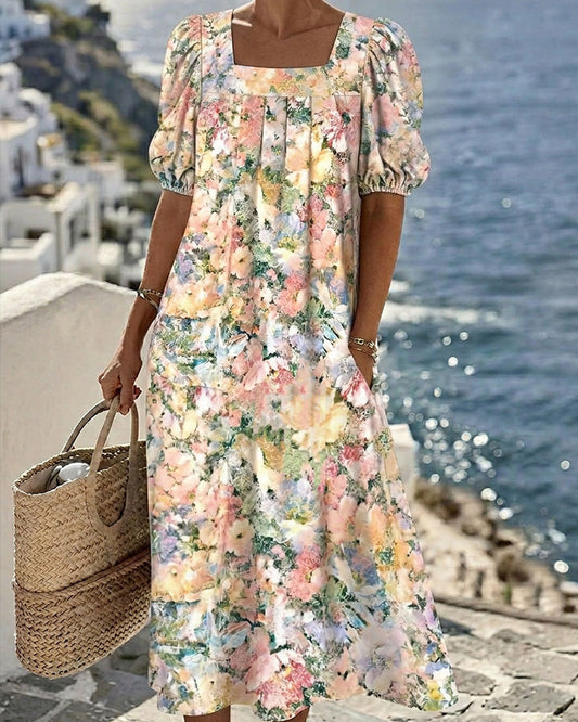 Robe Imprimée Col Carré Manche Bouffante