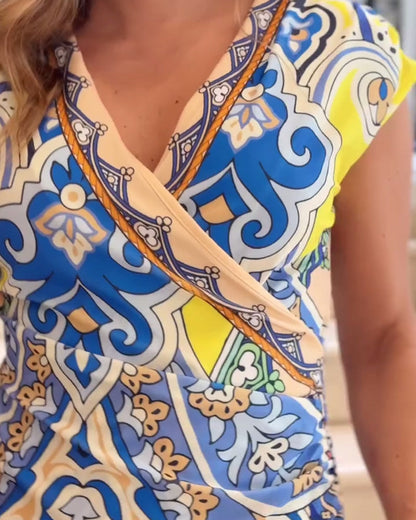 Robe élégante à col en V imprimé vintage