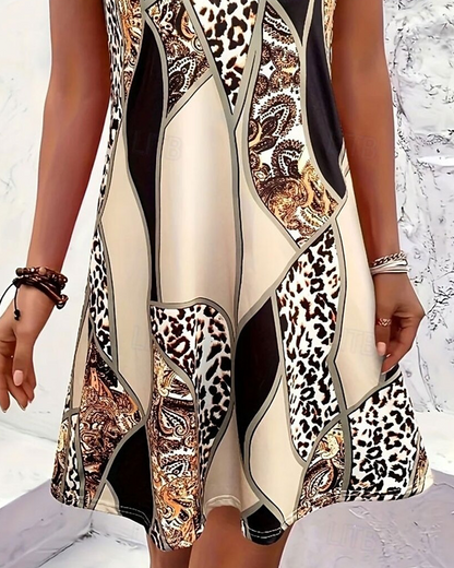 Robe Sans Manches Léopard Patchwork A-Ligne