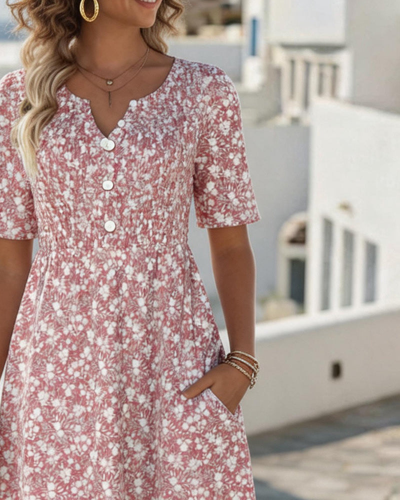Robe Col V Manches Courtes Fleurie