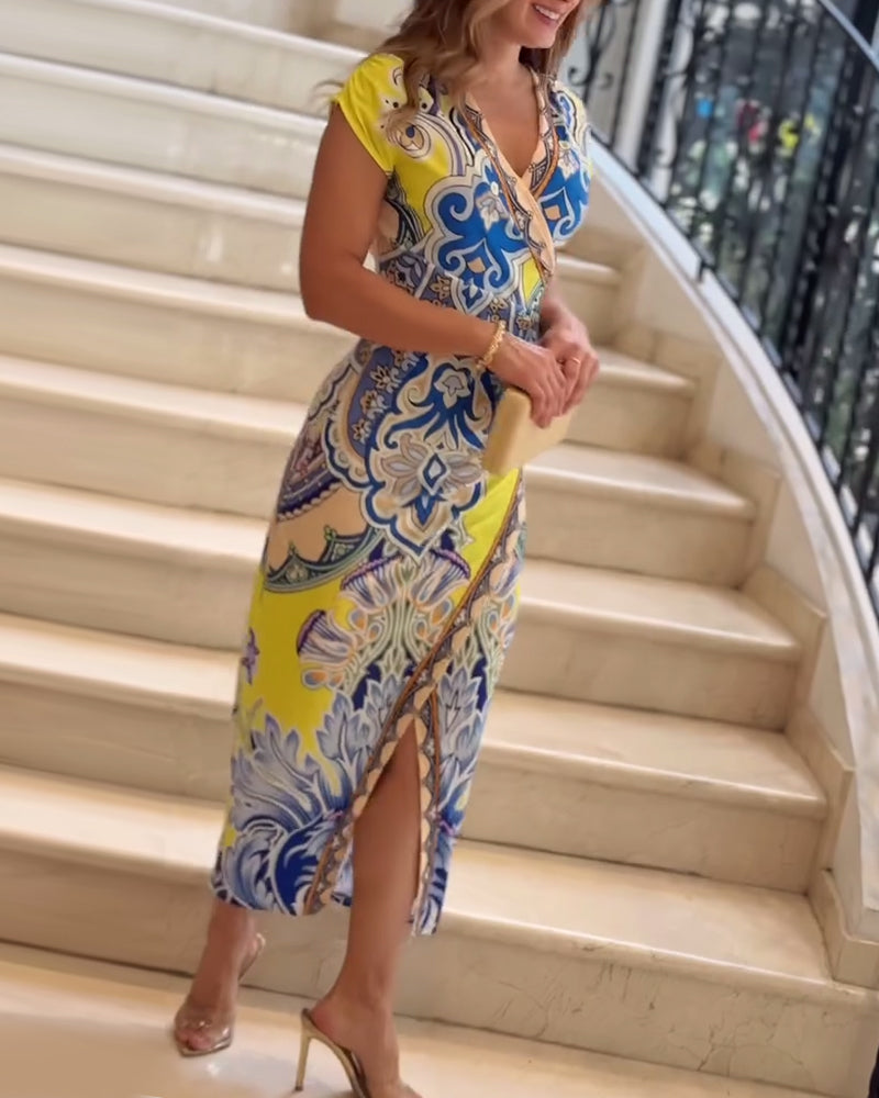Robe élégante à col en V imprimé vintage