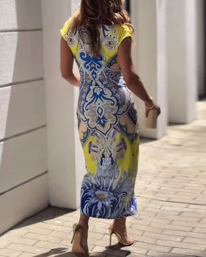 Robe élégante à col en V imprimé vintage
