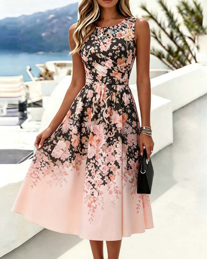 Robe Sans Manches Col Rond Taille Haute Imprimée