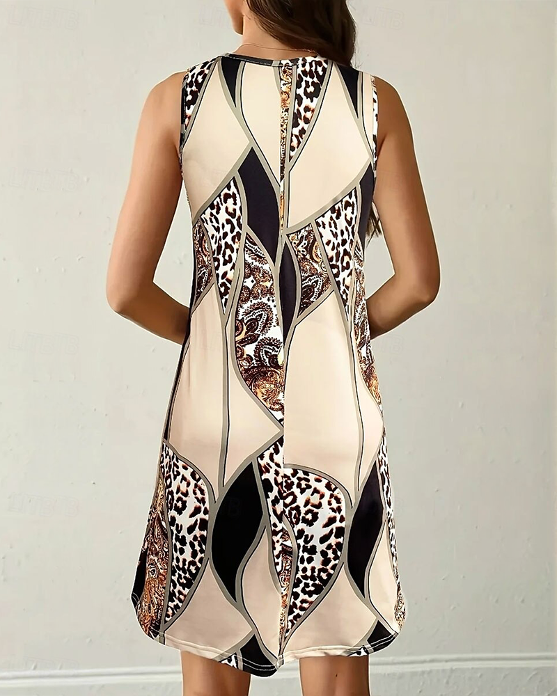 Robe Sans Manches Léopard Patchwork A-Ligne