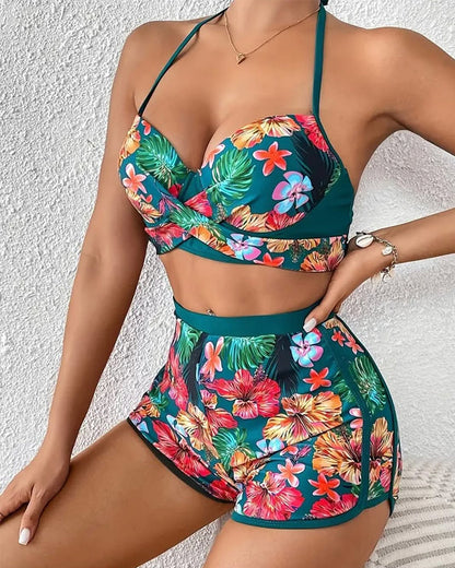 Maillot de bain décontracté imprimé floral short trois pièces