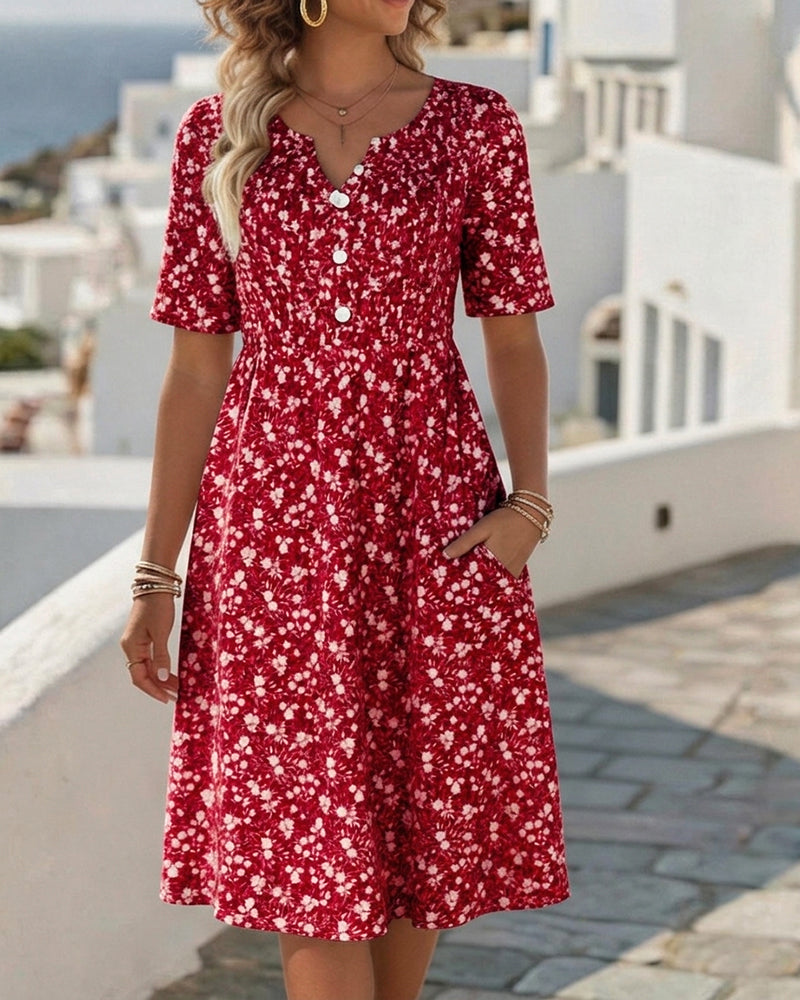 Robe Col V Manches Courtes Fleurie