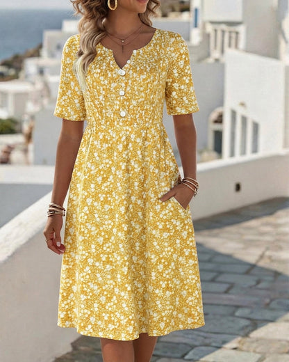 Robe Col V Manches Courtes Fleurie
