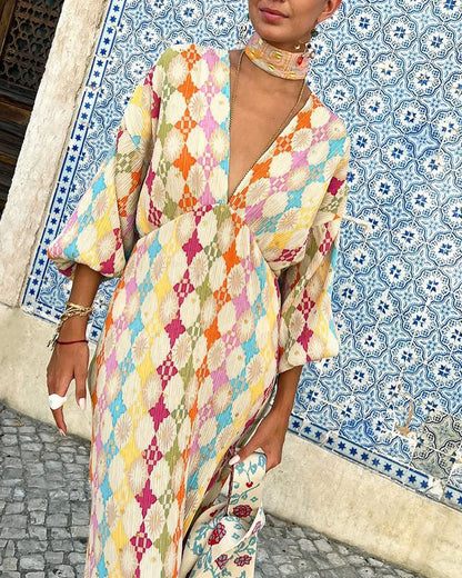 Robe élégante à imprimé géométrique, col en V, manches lanternes