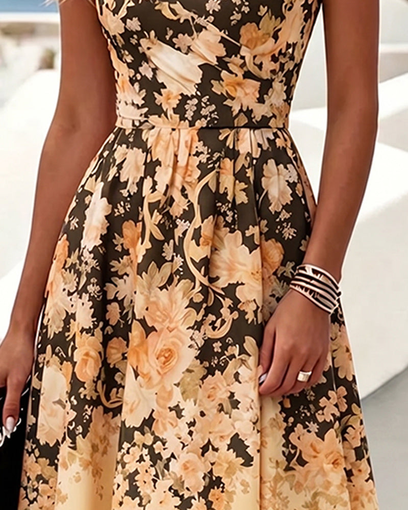 Robe Sans Manches Col Rond Taille Haute Imprimée
