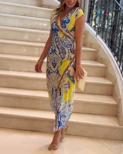 Robe élégante à col en V imprimé vintage
