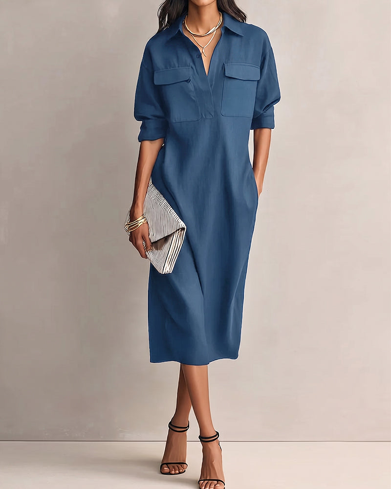 Robe Unie Col Revers Décontractée