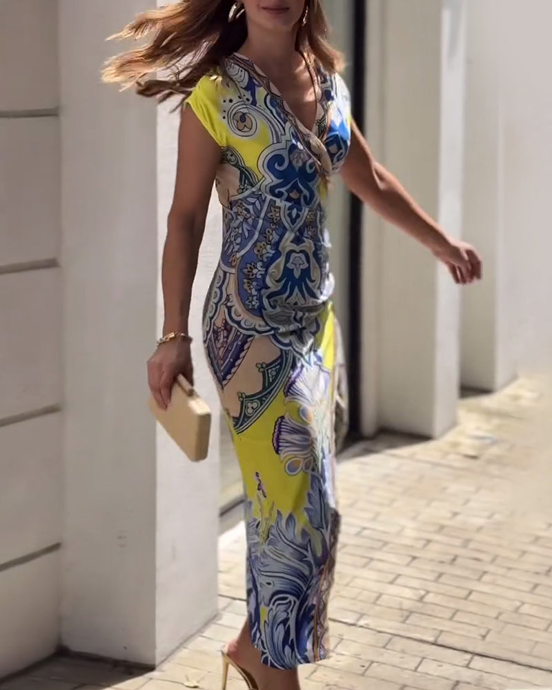 Robe élégante à col en V imprimé vintage