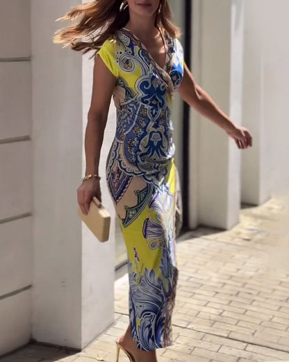 Robe élégante à col en V imprimé vintage