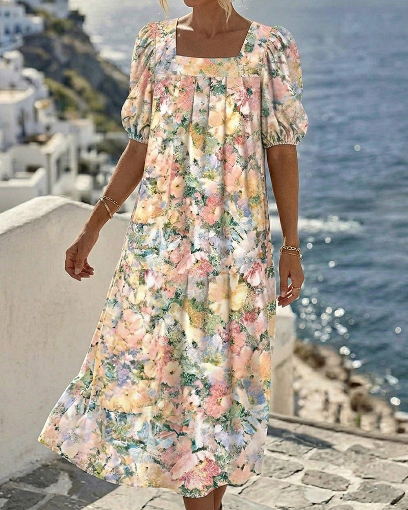 Robe Imprimée Col Carré Manche Bouffante