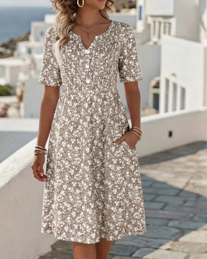 Robe Col V Manches Courtes Fleurie
