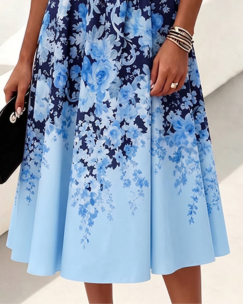 Robe Sans Manches Col Rond Taille Haute Imprimée
